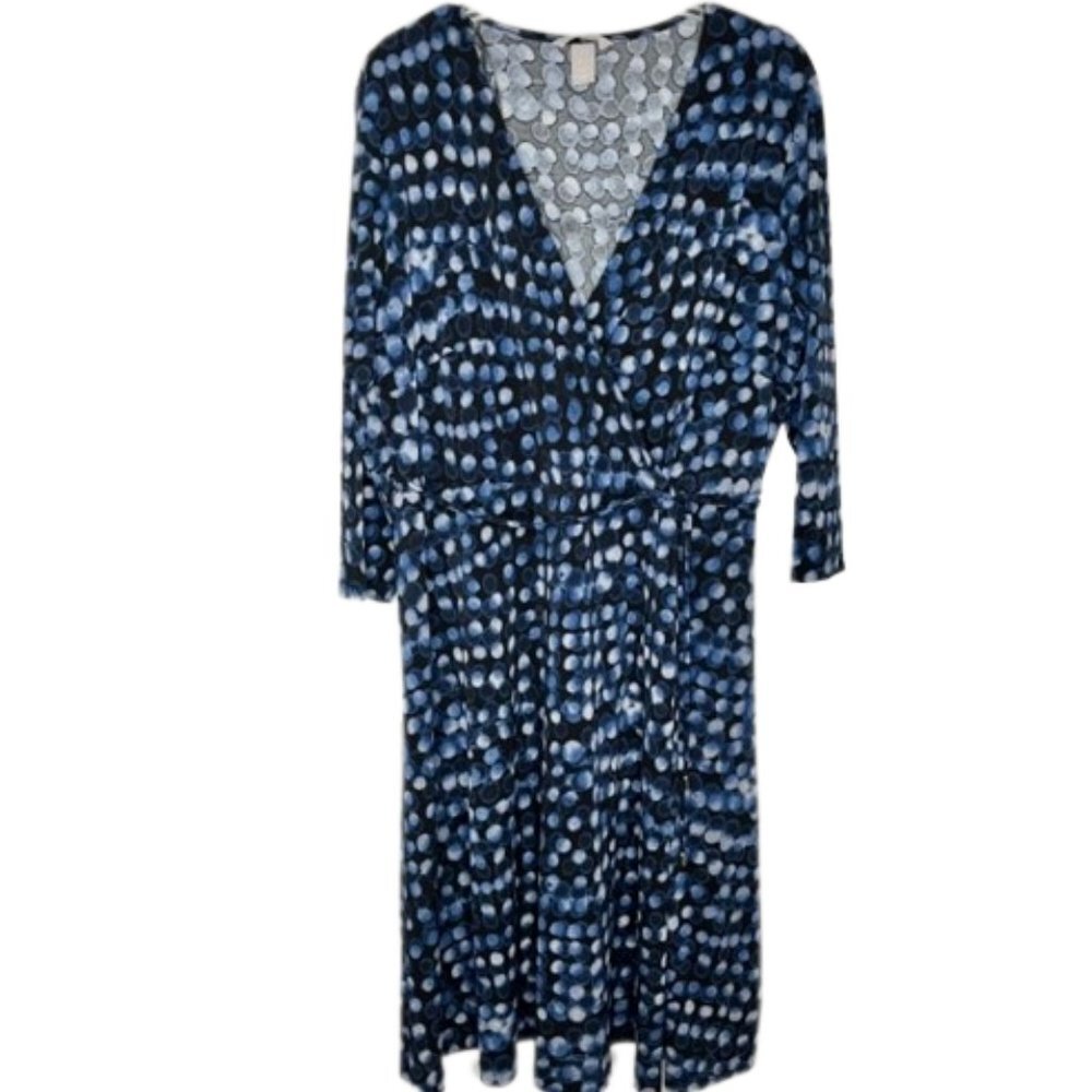 H&M Black/Blue Dot Jersey Knit Faux Wrap Dress - XL